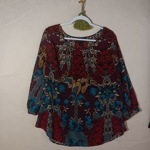🪞Lane Bryant Burgundy and Teal Floral Blouse